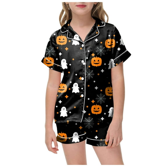 Caqnni Kids Unisex Pjs Set Girls Boys Silk Pajama Sets Satin Clasic Sleepwear Summer 2 Pieces Button Down Nighty Girls Halloween Pajamas Shorts Sets (2-3 Years,Black)