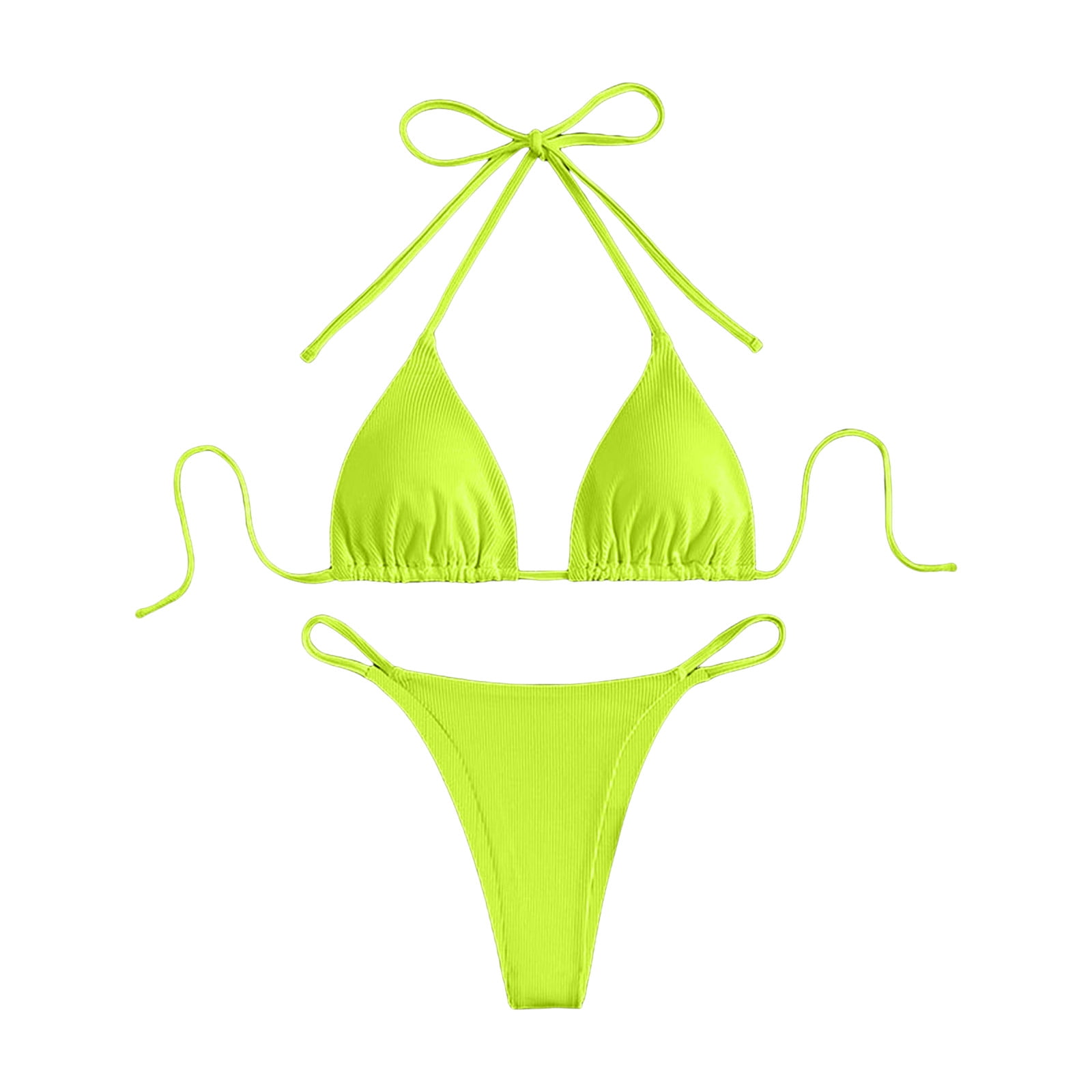 Ladies Lace Up Halter Solid Push Up Strap High Cut Bikini Swimsuit Sets Two Piece Swimwear For Women(Beige,M)