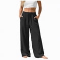 thumbnail image 1 of NIEWTR Linen Wide Leg Pants Woman High Waisted Pull On Button Drawstring Baggy Casual Summer Palazzo Pants with Pockets（A01-Black,M), 1 of 9