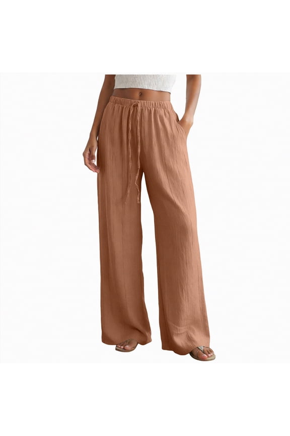 Linen Wide Leg Pants Woman High Waisted Pull On Button Drawstring Baggy Casual Summer Palazzo Pants with Pockets(Brown,L)