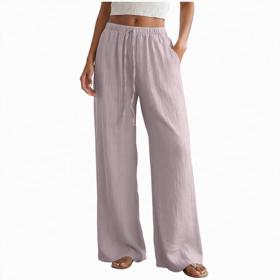 NIEWTR Linen Wide Leg Pants Woman High Waisted Pull On Button Drawstring Baggy Casual Summer Palazzo Pants with Pockets(Light Purple,M)