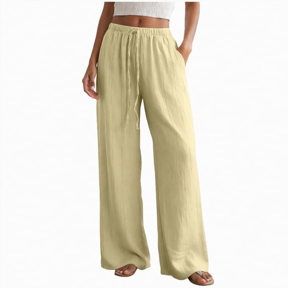 NIEWTR Linen Wide Leg Pants Woman High Waisted Pull On Button Drawstring Baggy Casual Summer Palazzo Pants with Pockets(Yellow,S)