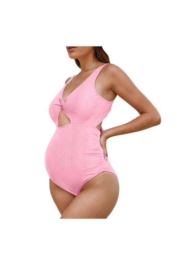 Maternity Cutout One Piece Swimsuit Vneck Cross Back Bathing Suit High Waisted Pregnancy Swimwear(Red,L)