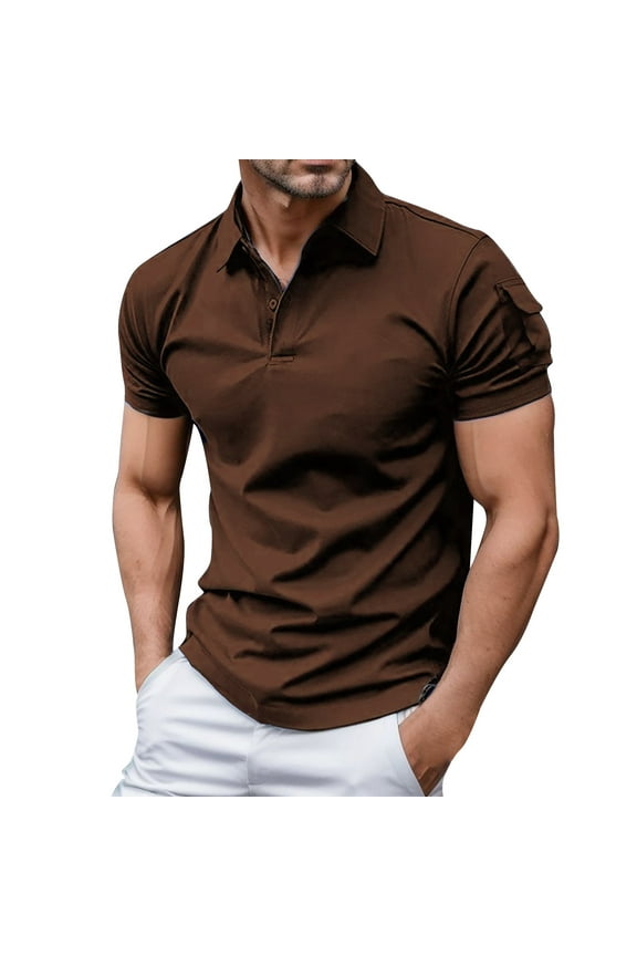 Men Summer Casual Zipper Turn-up Collar Short Sleeve Loose Shirt Tops Polo Shirts for Men Casual Shirts Tops(Coffee,L)