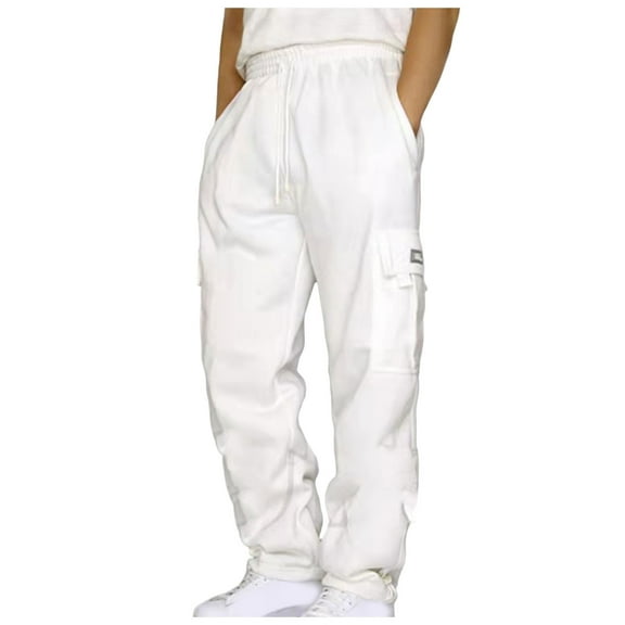 NIEWTR Men's Cotton Yoga Cargo Pants Athletic Lounge Pants Open Bottom Casual Joggers Male Sweat Drawstring Pants with Pocket (White,XL)