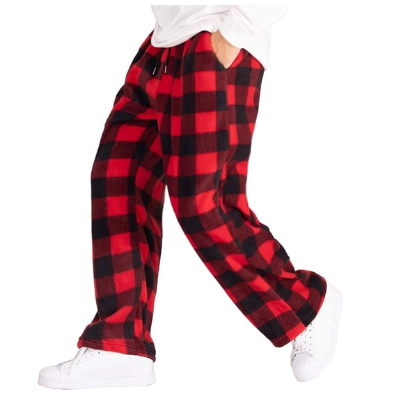 NIEWTR Men' s Flannel Pajama Pants Plaid PJ Bottoms Soft Warm Cotton Microfleece Lounge Sleepwear with Pockets Christmas Plaid Pajama Pants(Z09-Red,L)