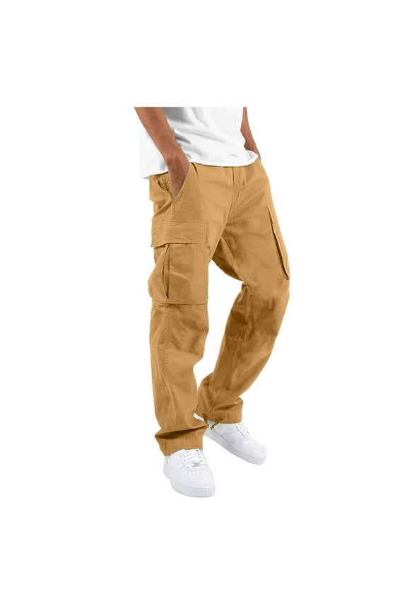 Men's Relaxed Straight-Fit Cargo Work Pant Men Solid Casual Multiple Pockets Outdoor Straight Type Fitness Pants Cargo Pants Trousers (M,Z02-Khaki)
