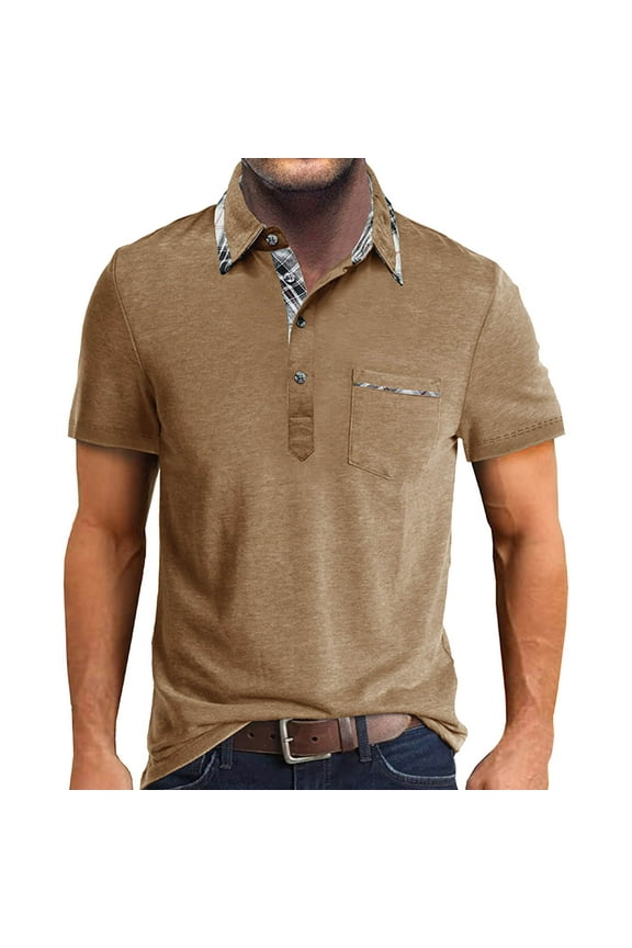 Men's Short Sleeve Polo Shirt Zipper Casual Slim Fit Golf Shirts(Khaki,XL)