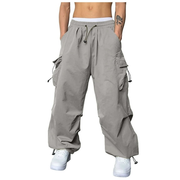 NIEWTR Mens Cargo Pants Relaxed Fit Stretch Waist Retro Parachute Pants Baggy Solid Joggers Loose Fit Workout Pants (M,A01-Light Gray)