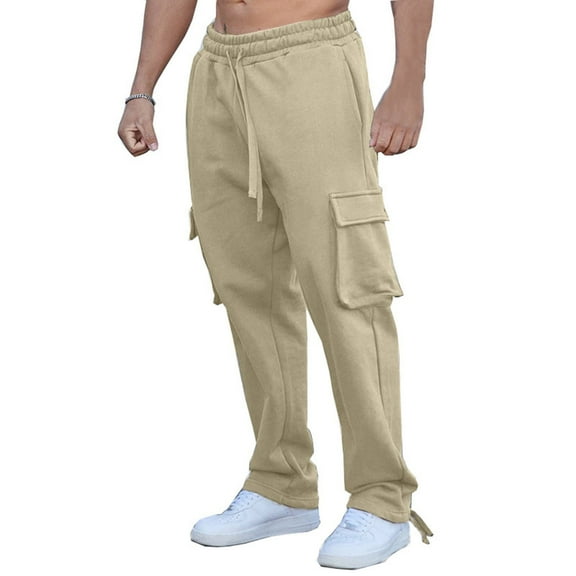 NIEWTR Mens Casual Joggers Pants Cotton Drawstring Chino Hiking Pants Outdoor Sweatpants with Pockets (Khaki,L)