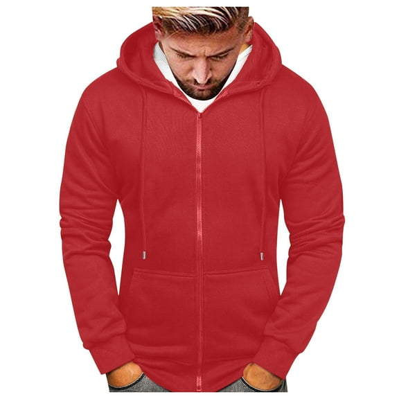 NIEWTR Mens Zip Up Hoodies Solid Color Slim Fit Long Sleeve Outwear with Zip Pockets Hooded Sweatshirts Fall Spring Warm Lightweight Sweater Jacket(Z06-Red,XXL)