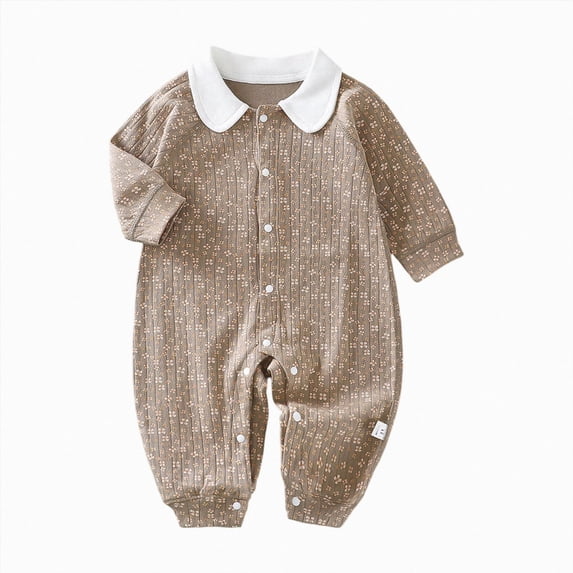 NIEWTR Newborn Baby Fall Clothes Boys Girls Striped Romper Waffle Knit Long Sleeve Embroidery One Piece Footless Jumpsuit(A-Khaki,3-6 Months)