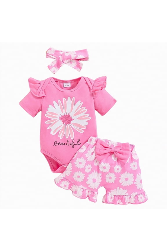 Newborn Baby Girl Summer Clothes Breathable and Comfortable Short Sleeve Romper Shorts Set + Headband(Pink,0-3 Months)