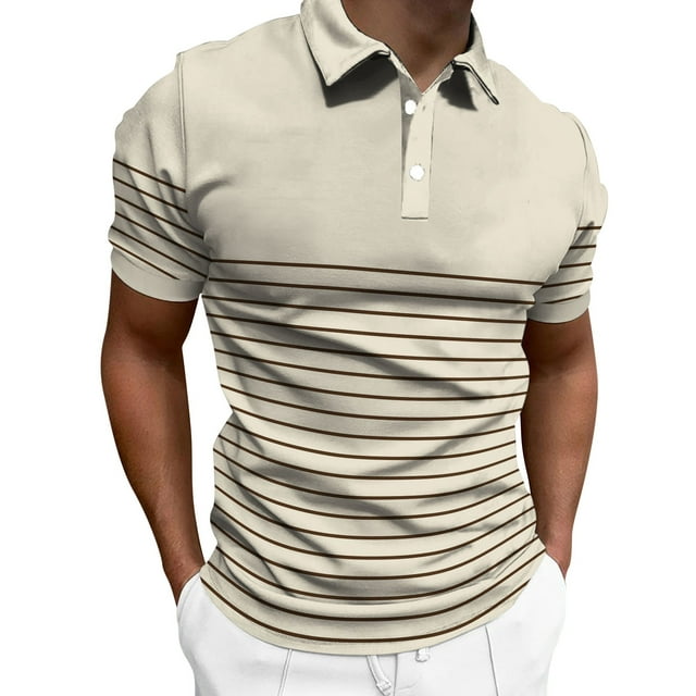 NIEWTR Polo Shirts for Men Male Summer Striped Splice Print T Shirt Turn up Collar Short Sleeve T Shirt(Beige,3XL)