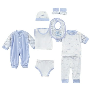 NIEWTR Preemie Baby Layette Gift Set Shose+Romper Baby Set 8Pcs Boy Tops+Hat+Pants +Bib+Sock Outfits Outfits&Set to 0-3 Months Layette Gift Set Shower Gift Set (A03-Blue)