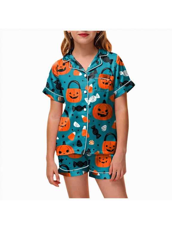 Pumpkin Ghost Pajamas For Girl Boy Halloween Short Sleeve Shorts Silk Pj Sets Kids Halloween Lounge Sleepwear