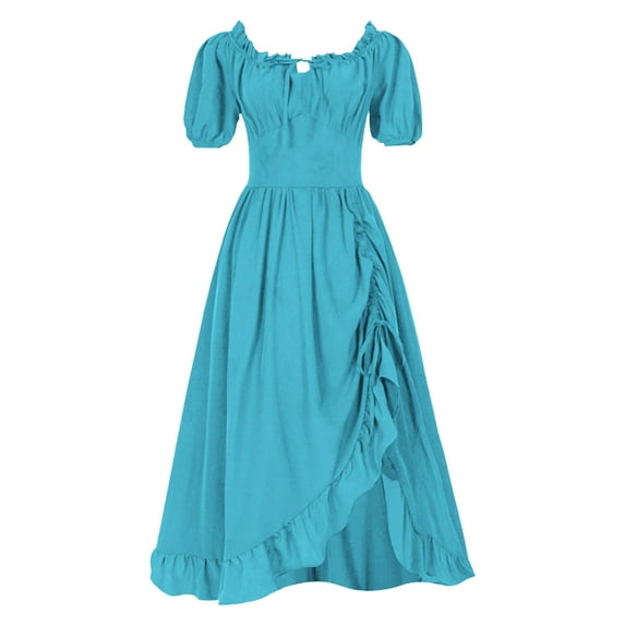 NIEWTR Renaissance Dress for Women, Gothic Wedding Dress, Solid Splicing Flared Short Sleeve Princess Dress, Gothic Victorian Maxi Dress(XL,Dark Blue)