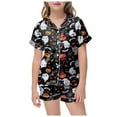 thumbnail image 1 of Caqnni Satin Pajamas Set for Girl Halloween Skeleton Pumpkin Print Pjs 2 Piece Short Sleeve Button-Down Shirt with Shorts Girls Halloween Pajamas Sets (6-7 Years,Black), 1 of 5