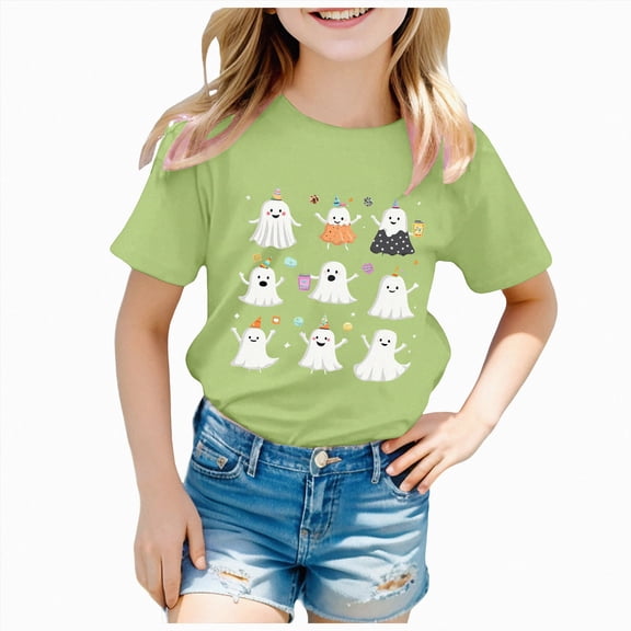 NIEWTR Soft Cotton Kids Short Sleeve T-Shirt Cute Cartoon Ghost Fall Halloween Print Casual Daily Wear Tee For Girls(150)