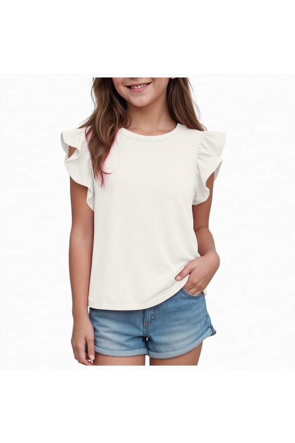 T-Shirts For Girls Cotton Graphic Tops Back Hollow Crew Neck Short Sleeve Solid Color Tees(White,2-3 Years)