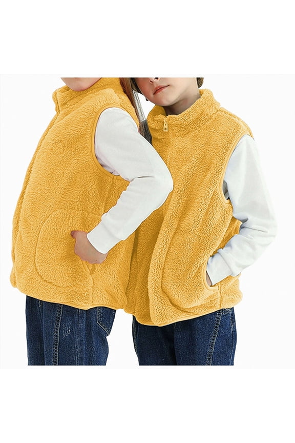 Teen Boys Girls Fleece Vest Solid Sleeveless Fall Winter Jackets Casual Waistcoat Outerwear with Pockets(B-Yellow,3-5Years)