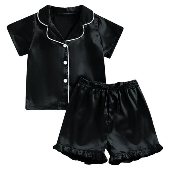 NIEWTR Teen Girls Silk Pajama Sets Button Down Short Sleeve Sleepwear With Shorts Loose Loungewear Sets for Sleeping(Black,1-2 Years)