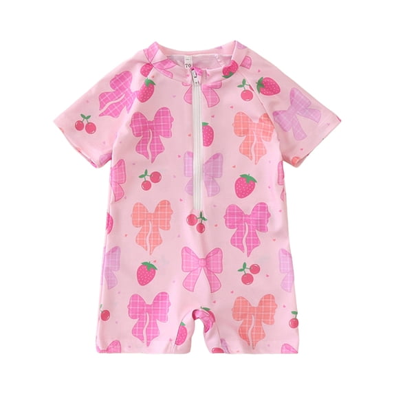 NIEWTR Toddler Baby Boy Girl Swimsuit Print Bathing Suit Short Sleeve Zipper Rash Guard Swimwear Swimwear Beach Bathing Suit for Summer Vacation 18-24 Months Light Pink