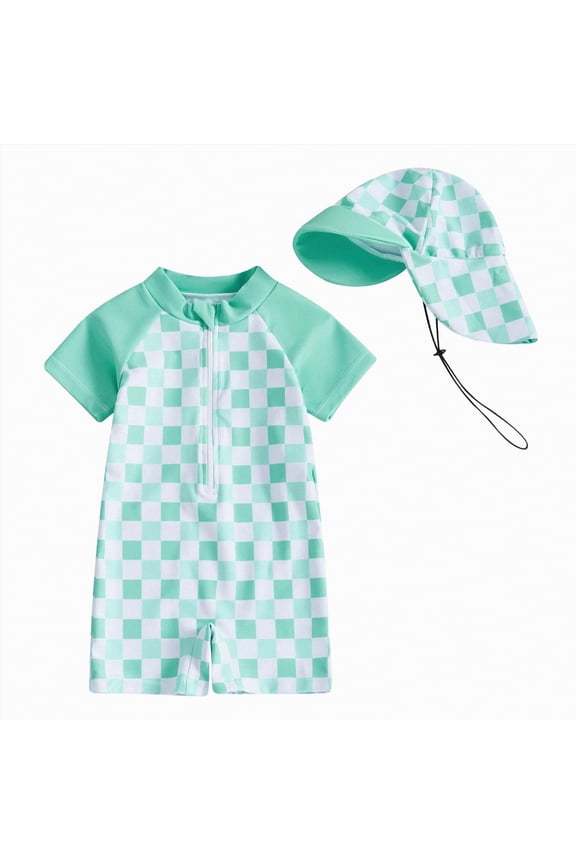 Toddler Baby Boy Rash Guard Swimsuit Long Sleeve Zipper One Piece Bathing Suit with Hat Infant Beach Swimwear(Green,3-6 Months)