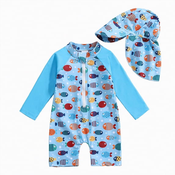 NIEWTR Toddler Baby Boy UPF 50+ Sun Protection One Piece Rashguard Swimsuit with Hat(Sky Blue,0-3 Months)