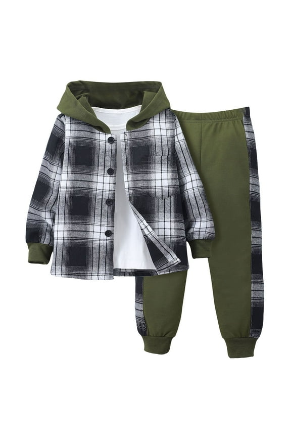 Toddler Baby Boy Fall Outfit Contrast Color Long Sleeve Plaid Hoodie Sweatshirts Stretch Jogger Pants Clothes Plaid Hoodie Set Winter(AG,3 Years)
