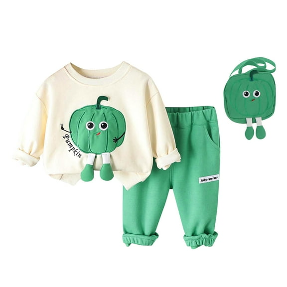NIEWTR Toddler Baby Boys Little Girls Outfit Letter Print Long Sleeve Pumpkin Print Sweatshirt Tops Long Pants Set Fall Clothes(4-5 Years,A01-Green)