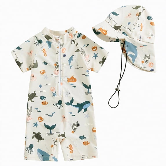 NIEWTR Toddler Baby Boys Seersucker Short Sleeve One Piece Rash Guard Swimsuit Zipper Bathing Suit Swimwear with Hat(Z1-White,3-6 Months)