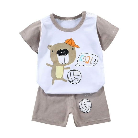 NIEWTR Toddler Baby Boys Summer Outfits Short Sleeve Cartoon Print T-Shirt Tops & Shorts Sets 2Pcs Cute Baby Boys Cotton Summer Clothes Pajamas & Dailywear Set (Khaki,6-12 Months)