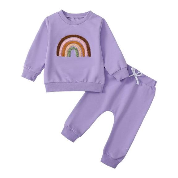 NIEWTR Toddler Baby Fall Outfit Boy Girl Crew Sweatshirt and Pants Set Fall Baby Clothes Pajamas & Dailywear Set Homewear Fall Winter Outfit（Purple，12-18 Months）