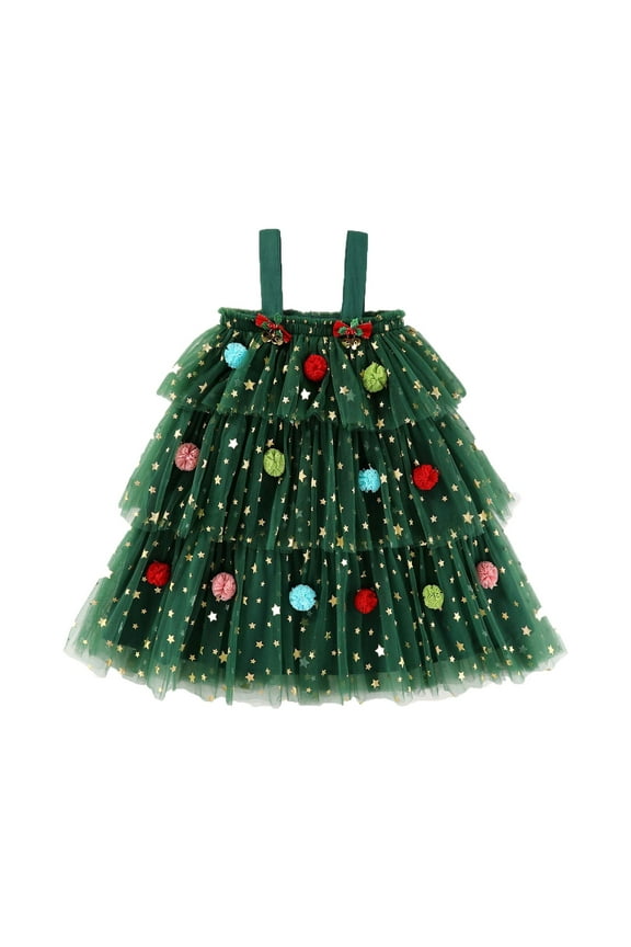 Baby Girl Layered Mesh Christmas Tree Printed Christmas Sleeveless Layered Tulle Dress Plush Ball Star Print Cake Dresses 1-6Y(3-4Y,A01-Green)
