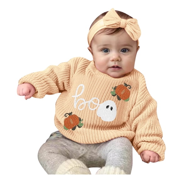 NIEWTR Toddler Baby Girl Fall Outfit Letter Print Long Sleeve Pumpkin Print Sweatshirt Stretch Camouflage Pants Set Cute Kids Winter Clothes (12-18 Months,Z091-Beige)