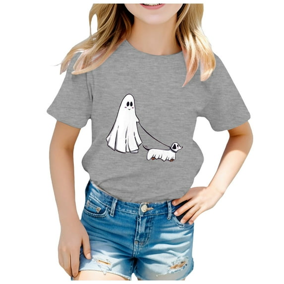 NIEWTR Toddler Baby Girl Halloween Shirt Spooky Ghost Tshirt Spooky Season Short Sleeve Tee Top Kid Fall Clothes Halloween T-Shirt (10-12 Years,Grey)