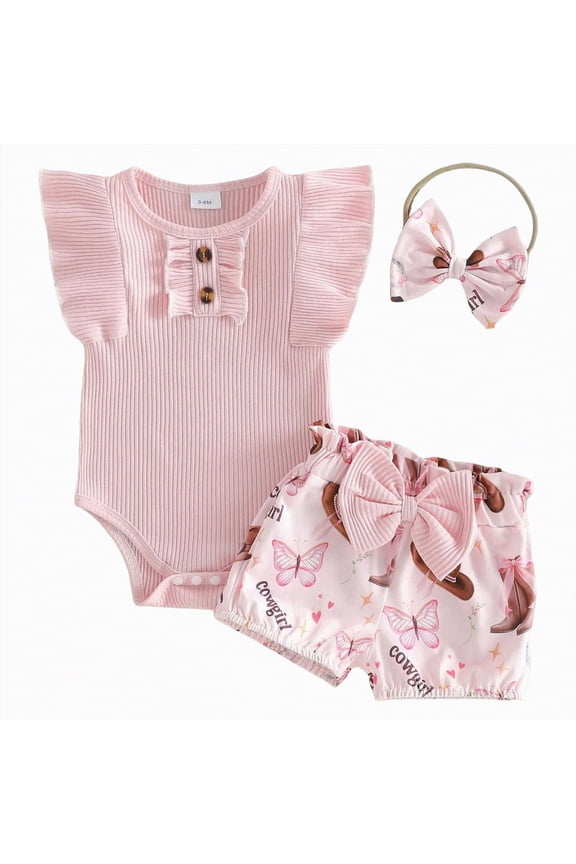 Toddler Baby Girl Solid Color Fly Sleeve Button Ruffle Tops+Bow Shorts Bubble Two Piece Summer Outfit Clothes Set 2t 3t 4t Baby Girl Gifts(Pink,3-6 Months)