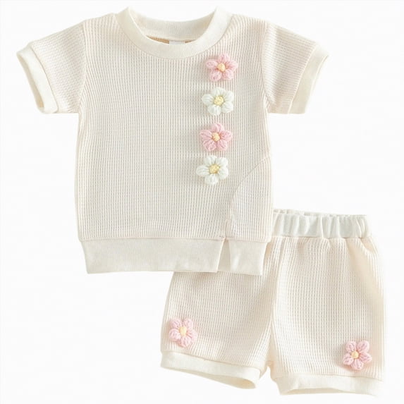 NIEWTR Toddler Baby Girl Summer Clothes Cute Short Sleeve T Shirt Tops Shorts Outfits Kids Tee Shirts Short Outfit Set(Beige,18-24 Months)