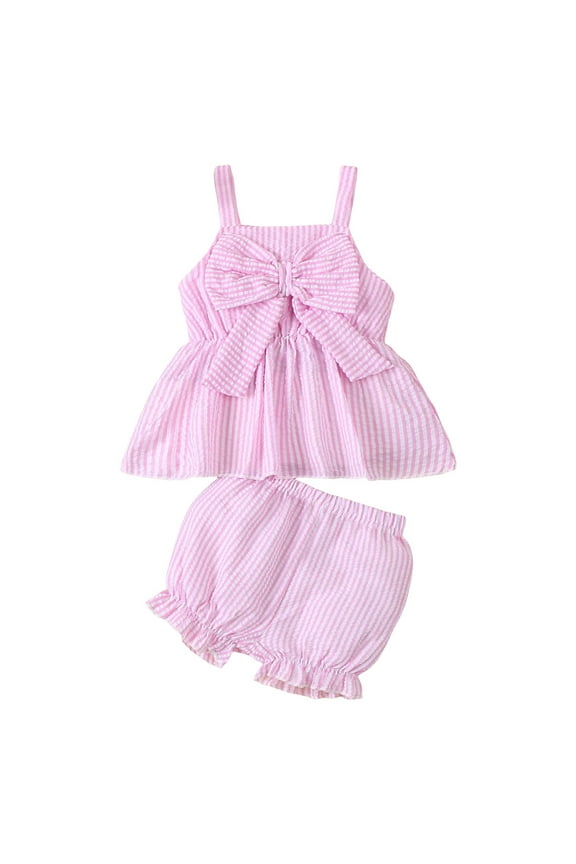 Toddler Baby Girl Summer Outfit Bow Embroidery Short Sleeve T-Shirt Plaid Ruffle Shorts Set Little Girls Clothes Short T-shirt Sets Pink 6-9 Months