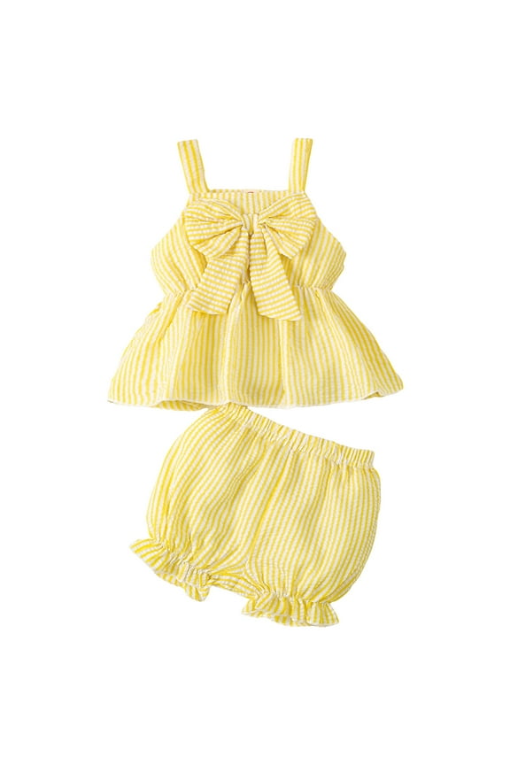 Toddler Baby Girl Summer Outfit Bow Embroidery Short Sleeve T-Shirt Plaid Ruffle Shorts Set Little Girls Clothes Short T-shirt Sets Yellow 6-9 Months