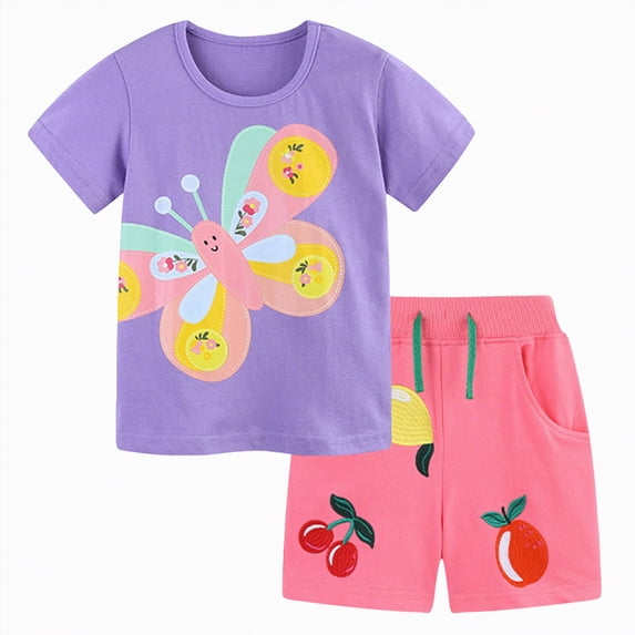 NIEWTR Toddler Baby Girl Summer Outfits Short Sleeve T-Shirt and Shorts 2Pcs Clothes Set for Girls Cute Infant Outfits(Purple,6-7 Years)