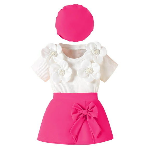 NIEWTR Toddler Baby Girl Summer Short Clothes Ribbed Ruffle Sleeve Tops+Elastic Drawstring Short Shorts Two Piece Solid Outfit Set T-Shirt Set Pink 24M