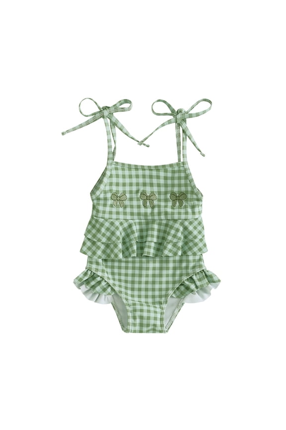 Toddler Baby Girl Swimsuit Bow Embroidery Checkered Print Ruffle Bikini Sleeveless Bathing Suit Swimwear Swimwear Beach Bathing Suit for Summer Vacation 2-3 years Green