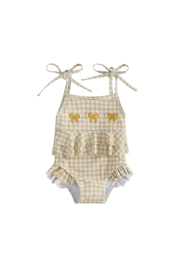 Toddler Baby Girl Swimsuit Bow Embroidery Checkered Print Ruffle Bikini Sleeveless Bathing Suit Swimwear Swimwear Beach Bathing Suit for Summer Vacation 12-18 Months Light Yellow