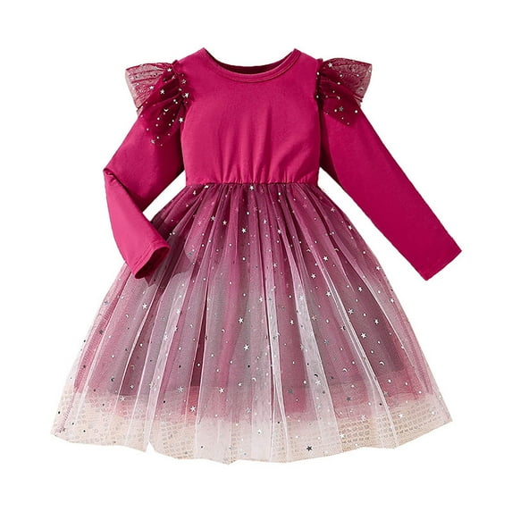 NIEWTR Toddler Baby Girls Velvet Tutu Dress Pageant Party Gown Kids Fall Winter Ruffle Long Sleeve Princess Christmas Birthday Party Wedding Evening Dress Glitter Mesh Dress(Red,3-4 Years)