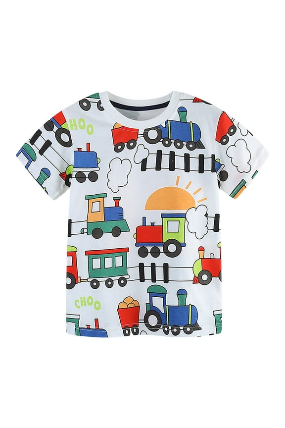 Toddler Boy Cartoon PatternT-Shirts Short Sleeve Loose Fit Cotton Tops for 1-6 Years(White,2-3 Years)