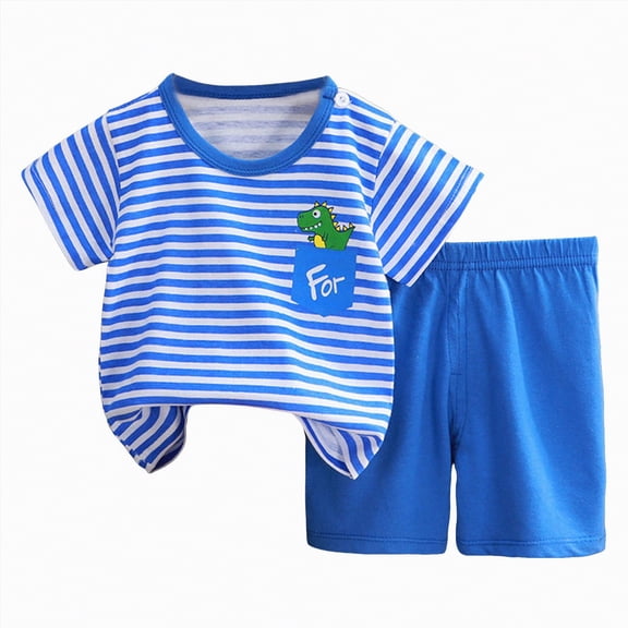 NIEWTR Toddler Boy Summer Clothes Outfits Kids Cotton Short Sleeve Shirt Shorts Set 2-7 Years(Blue,18-24 Months)
