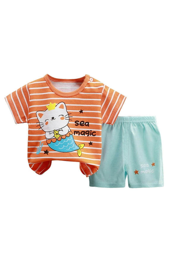 Toddler Baby Boy Girls Outfit Set Short Sleeve T Shirt Top Elastic Drawstring Shorts with Pocket Summer 2Pcs Clothes Set Children's Gift (Orange,3-9 Months)