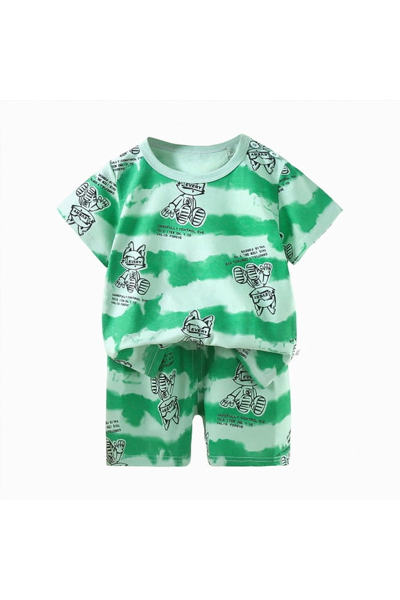 Toddler Boys Children Pajamas Set 2PCs Short Sleeve Top + Soft Shorts Breathable Kids Pjs Summer Pajamas for Boys 2T 3T 4T 5T Loungewear Rest Gift Sets(A-Light Green,3-4 Years)